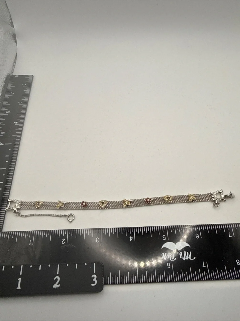 Goldette NY Charm Silver Tone Mesh Bracelet Vintage MCM Clear White & Red Stones